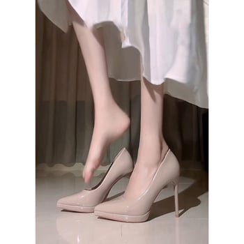 Pantofi dama nude, piele lucioasă, vârf ascuțit, platformă, toc cui subțire 11 cm