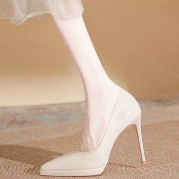 Pantofi dama nude, piele lucioasă, vârf ascuțit, platformă, toc cui subțire 11 cm