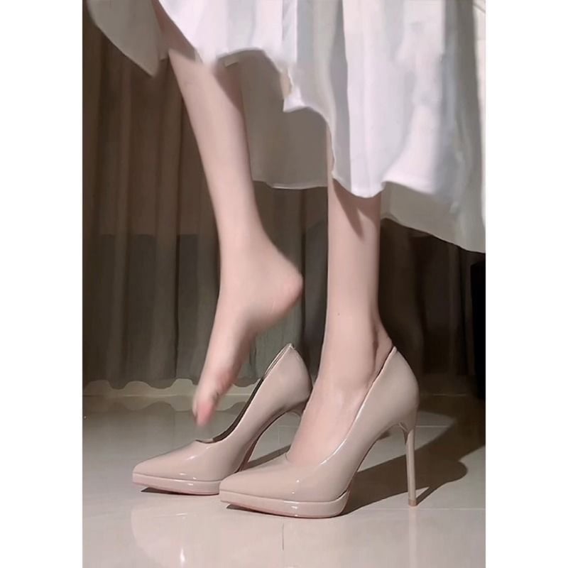 Pantofi dama nude, piele lucioasă, vârf ascuțit, platformă, toc cui subțire 11 cm