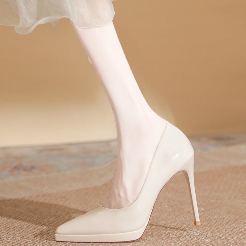 Pantofi dama nude, piele lucioasă, vârf ascuțit, platformă, toc cui subțire 11 cm