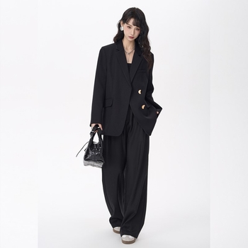 Blazer negru pentru femei, stil coreean, croială lejeră, model de primăvară, cu notă de lux
