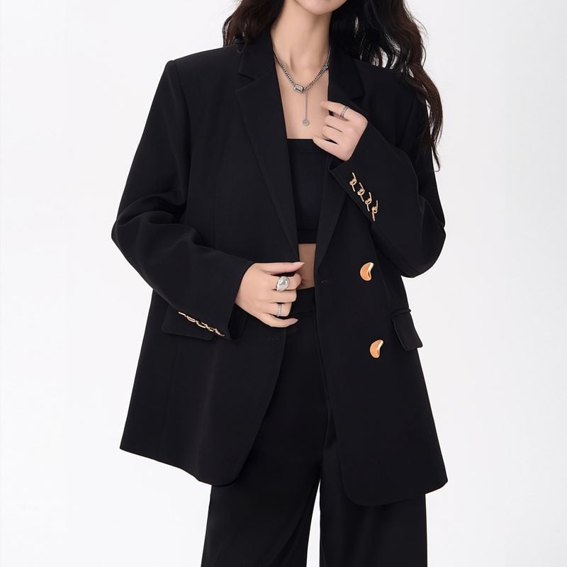 Blazer negru pentru femei, stil coreean, croială lejeră, model de primăvară, cu notă de lux