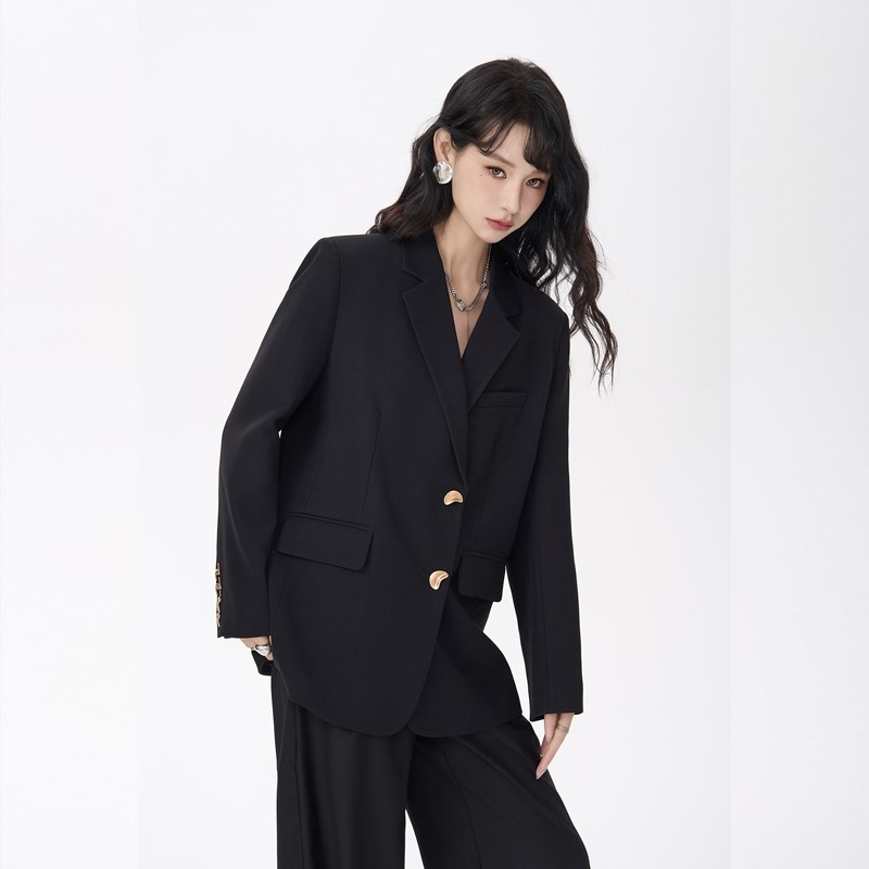 Blazer negru pentru femei, stil coreean, croială lejeră, model de primăvară, cu notă de lux