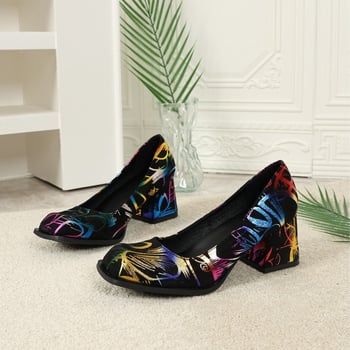 Pantofi dama cu vârf pătrat, velur, toc gros 6-8 cm, pentru toate sezoanele, culoare solidă