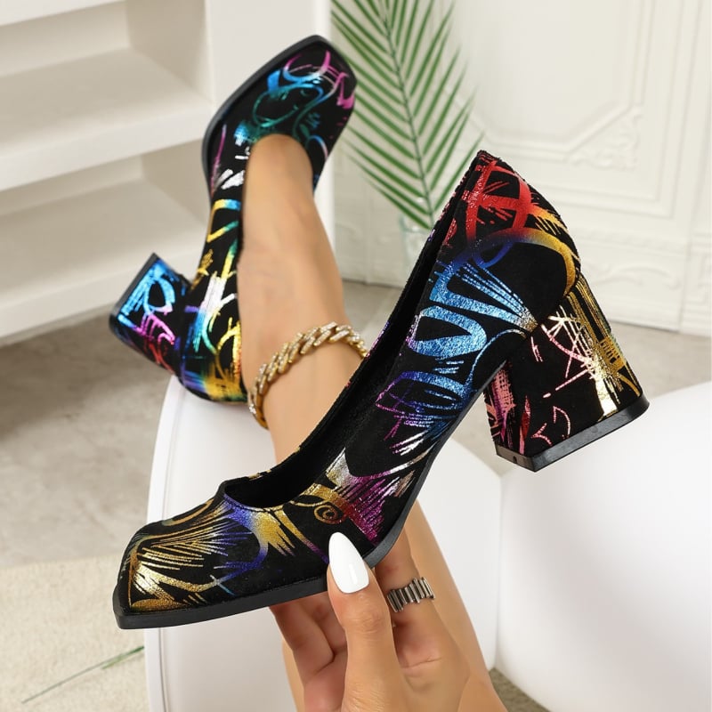 Pantofi dama cu vârf pătrat, velur, toc gros 6-8 cm, pentru toate sezoanele, culoare solidă