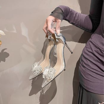 Pantofi transparenți pentru femei, vârf ascuțit, toc înalt, cu pietre strass, 6-8 cm, pentru nuntă