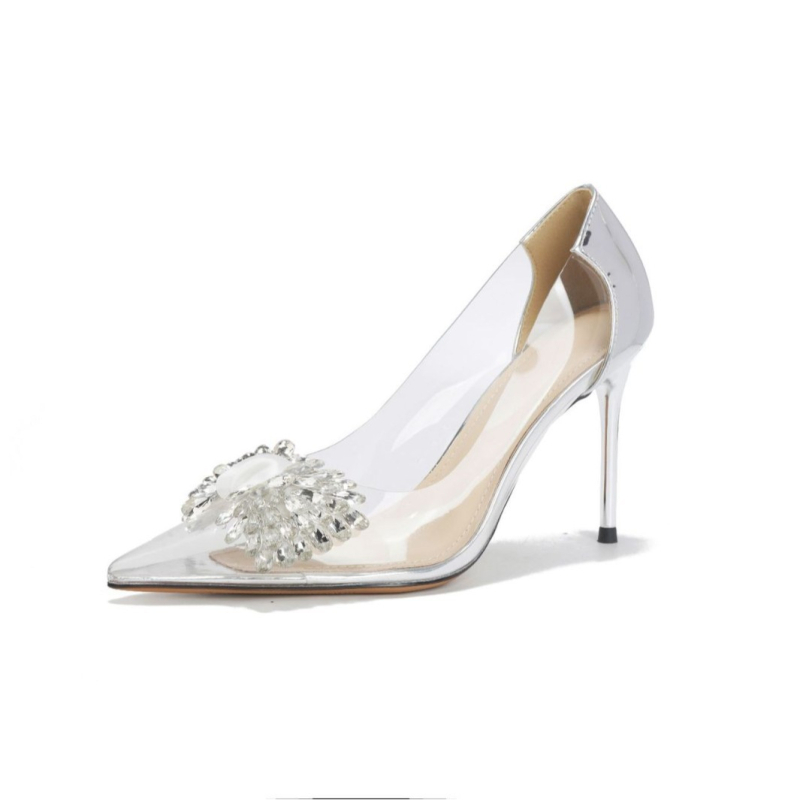 Pantofi transparenți pentru femei, vârf ascuțit, toc înalt, cu pietre strass, 6-8 cm, pentru nuntă