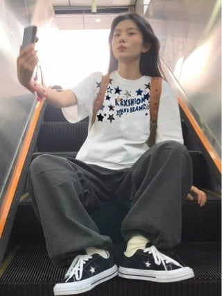 Top din bumbac 100%, stil coreean, cu model cu stele, maneci scurte, tricou de vara, design simplu si versatil