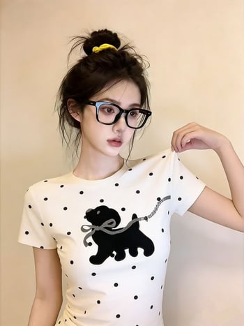 Tricou pentru femei, stil coreean, cu buline, mânecă scurtă, vară 2026, nou, croială slim, top boutique