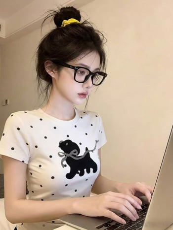 Tricou pentru femei, stil coreean, cu buline, mânecă scurtă, vară 2026, nou, croială slim, top boutique