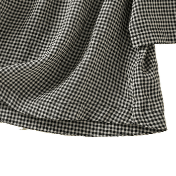 Tricou feminin japonez retro din bumbac-lin cu model în carouri fine, croială lejeră, mâneci scurte, guler rotund, top casual de vară 2025.