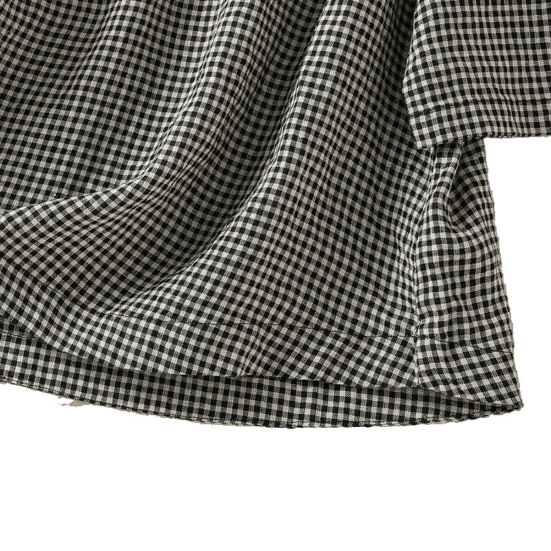 Tricou feminin japonez retro din bumbac-lin cu model în carouri fine, croială lejeră, mâneci scurte, guler rotund, top casual de vară 2025.