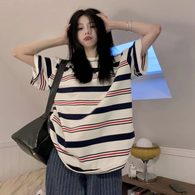 Tricou damă cu dungi, mâneci scurte, croială lejeră, stil retro american