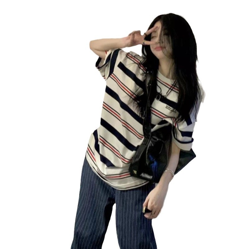 Tricou damă cu dungi, mâneci scurte, croială lejeră, stil retro american