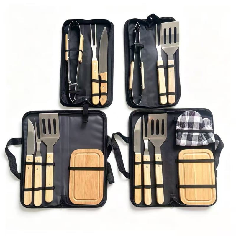 Set BBQ din oțel inoxidabil cu mânere din lemn, în husă de pânză – furculă, lopățică, clește și cuțit pentru grătar în aer liber