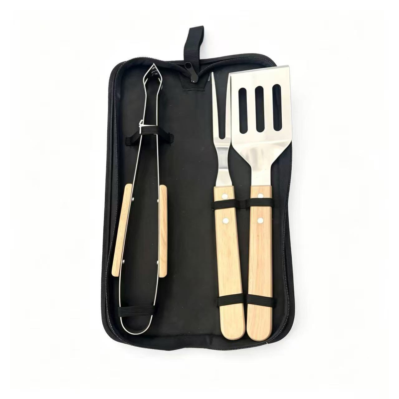 Set BBQ din oțel inoxidabil cu mânere din lemn, în husă de pânză – furculă, lopățică, clește și cuțit pentru grătar în aer liber
