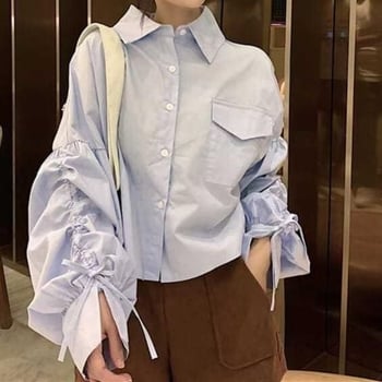 Bluza cu guler de păpușă, satin moale, croială lejeră, mâneci lungi