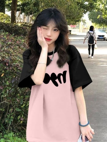 Tricou damă de vară din 100% bumbac, anti-pilling, guler rotund, mâneci scurte, stil coreean, modă stradală cu panouri colorate