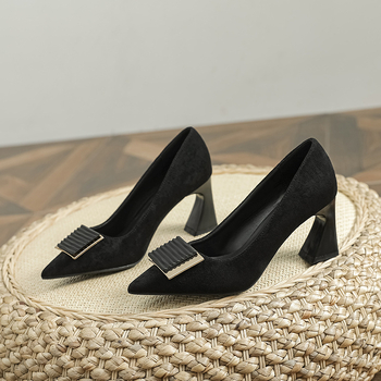 Pantofi dama cu varf ascuțit, toc gros, curea cu cataramă, din velur, pentru birou, mărimi 30–43