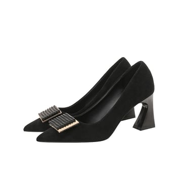 Pantofi dama cu varf ascuțit, toc gros, curea cu cataramă, din velur, pentru birou, mărimi 30–43