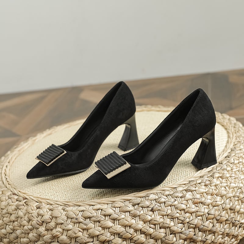 Pantofi dama cu varf ascuțit, toc gros, curea cu cataramă, din velur, pentru birou, mărimi 30–43