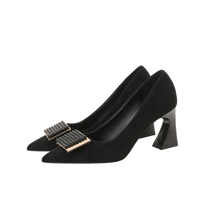 Pantofi dama cu varf ascuțit, toc gros, curea cu cataramă, din velur, pentru birou, mărimi 30–43