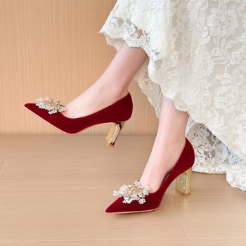 Pantofi de mireasă roșii pentru picioare late, cu toc mic confortabil, stil Xiuhe, mărimi 30–44