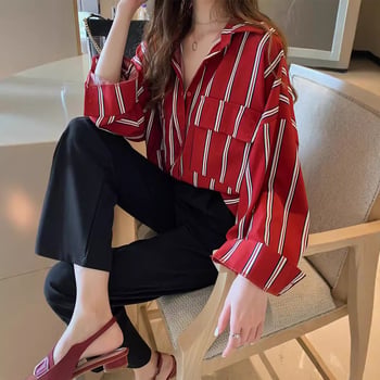 Cămașă damă în dungi, croială lejeră, stil coreean, guler polo, mâneci lungi, top casual, primăvara 2026