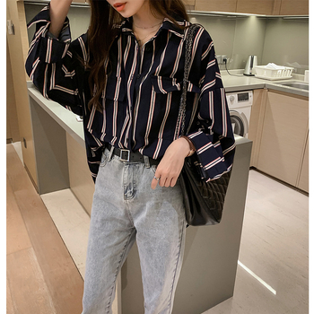 Cămașă damă în dungi, croială lejeră, stil coreean, guler polo, mâneci lungi, top casual, primăvara 2026