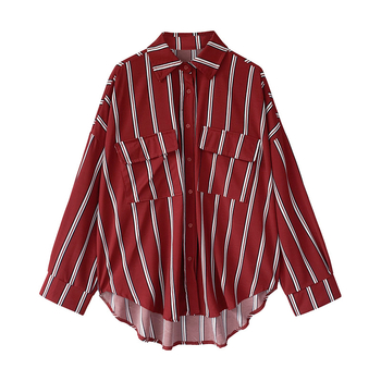 Cămașă damă în dungi, croială lejeră, stil coreean, guler polo, mâneci lungi, top casual, primăvara 2026