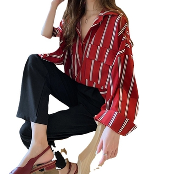 Cămașă damă în dungi, croială lejeră, stil coreean, guler polo, mâneci lungi, top casual, primăvara 2026