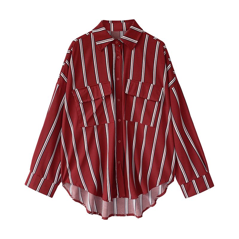 Cămașă damă în dungi, croială lejeră, stil coreean, guler polo, mâneci lungi, top casual, primăvara 2026