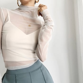 Top din plasă transparentă, cu guler înalt, pentru femei – design coreean chic, primăvară-toamnă, stil minimalist