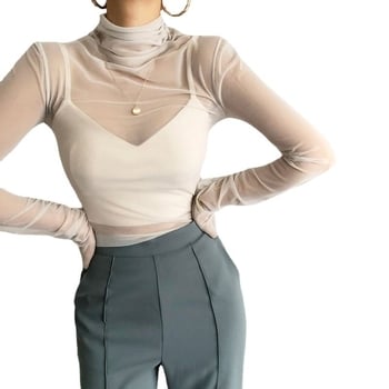 Top din plasă transparentă, cu guler înalt, pentru femei – design coreean chic, primăvară-toamnă, stil minimalist