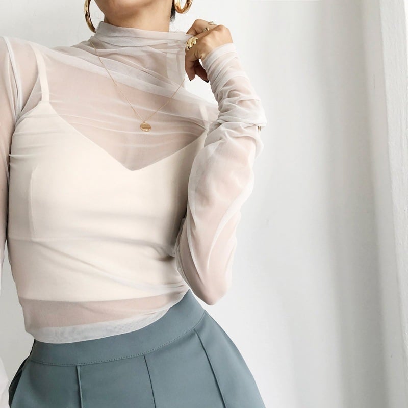 Top din plasă transparentă, cu guler înalt, pentru femei – design coreean chic, primăvară-toamnă, stil minimalist