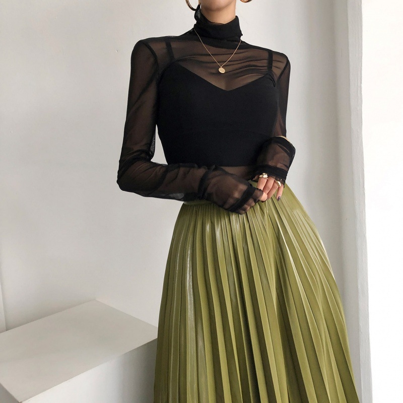 Top din plasă transparentă, cu guler înalt, pentru femei – design coreean chic, primăvară-toamnă, stil minimalist