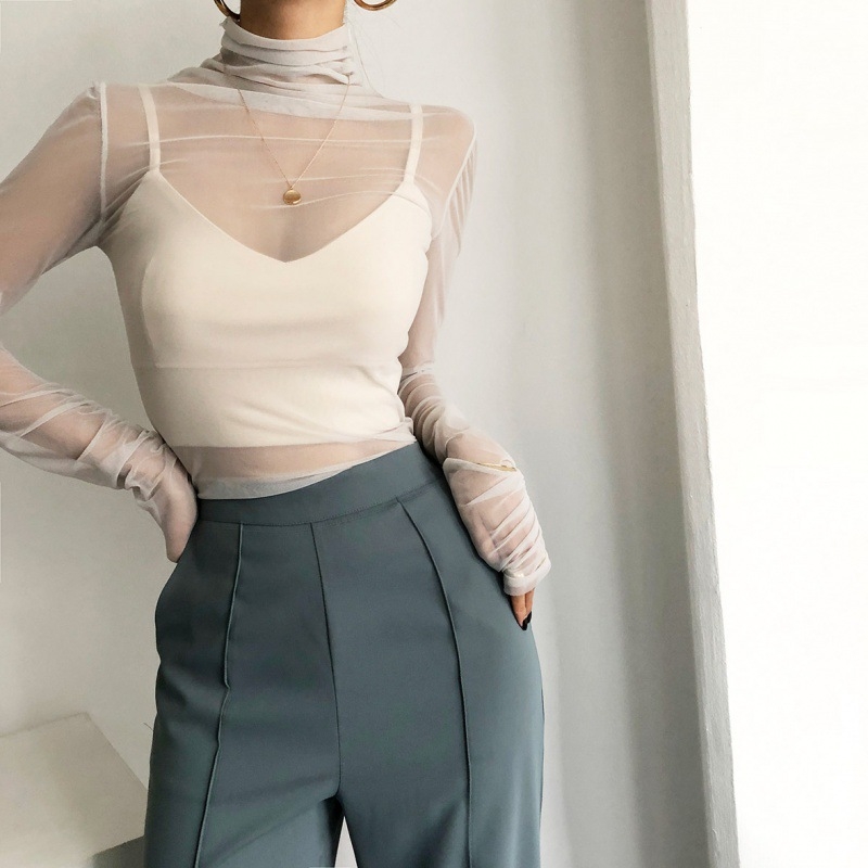 Top din plasă transparentă, cu guler înalt, pentru femei – design coreean chic, primăvară-toamnă, stil minimalist
