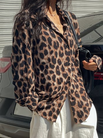 Cămașă de damă cu imprimeu leopard, primăvara 2025, croială lejeră, stil Hong Kong, design retro
