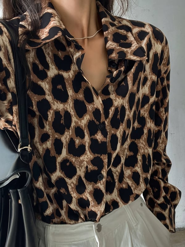 Cămașă de damă cu imprimeu leopard, primăvara 2025, croială lejeră, stil Hong Kong, design retro