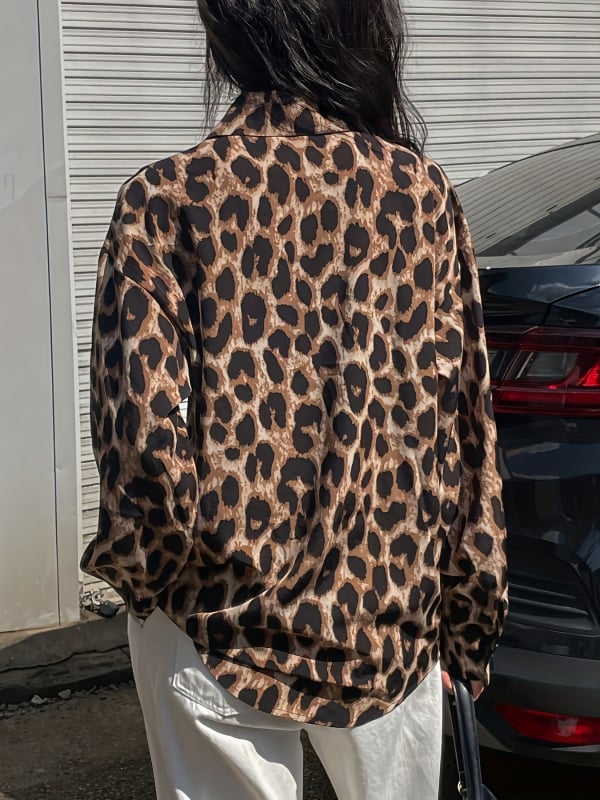 Cămașă de damă cu imprimeu leopard, primăvara 2025, croială lejeră, stil Hong Kong, design retro