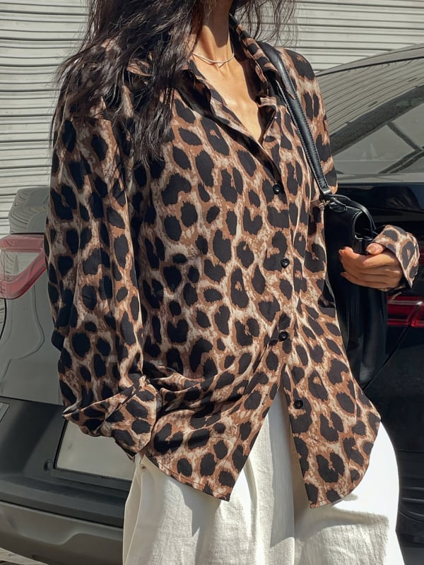 Cămașă de damă cu imprimeu leopard, primăvara 2025, croială lejeră, stil Hong Kong, design retro