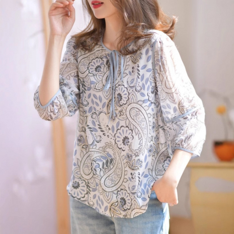 Cămașă din poliester cu guler rotund, mâneci lungi, model geometric, stil casual coreean, croială regulată, primăvara 2026