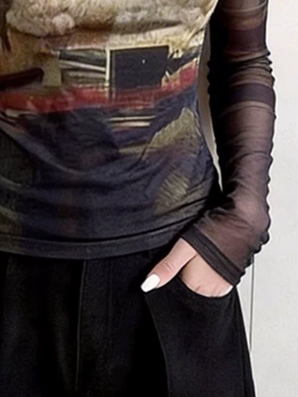Tricou dama cu mâneci lungi, imprimeu pe plasă, transparent și subțire, efect slimming, design de protecție solară, top versatil