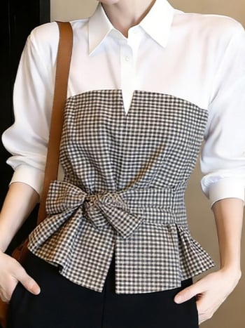 Bluza feminină cu carouri color-block, mâneci lungi, guler rever, cordon talie, Primăvara 2026