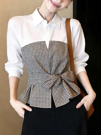 Bluza feminină cu carouri color-block, mâneci lungi, guler rever, cordon talie, Primăvara 2026