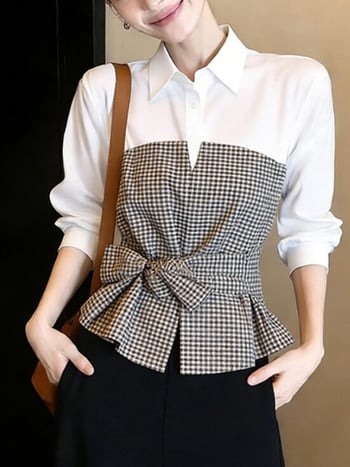 Bluza feminină cu carouri color-block, mâneci lungi, guler rever, cordon talie, Primăvara 2026