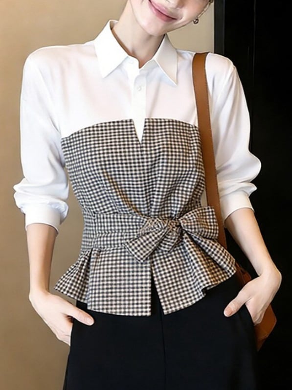 Bluza feminină cu carouri color-block, mâneci lungi, guler rever, cordon talie, Primăvara 2026