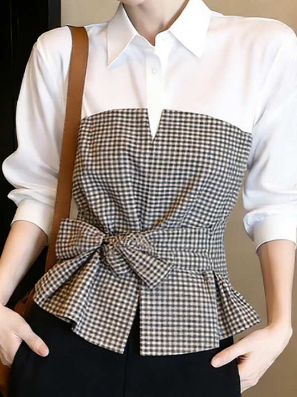 Bluza feminină cu carouri color-block, mâneci lungi, guler rever, cordon talie, Primăvara 2026