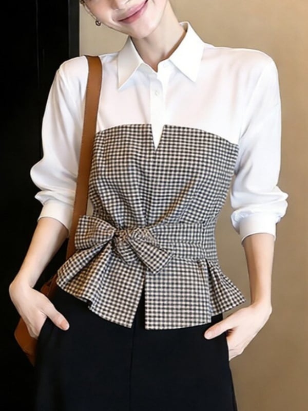 Bluza feminină cu carouri color-block, mâneci lungi, guler rever, cordon talie, Primăvara 2026