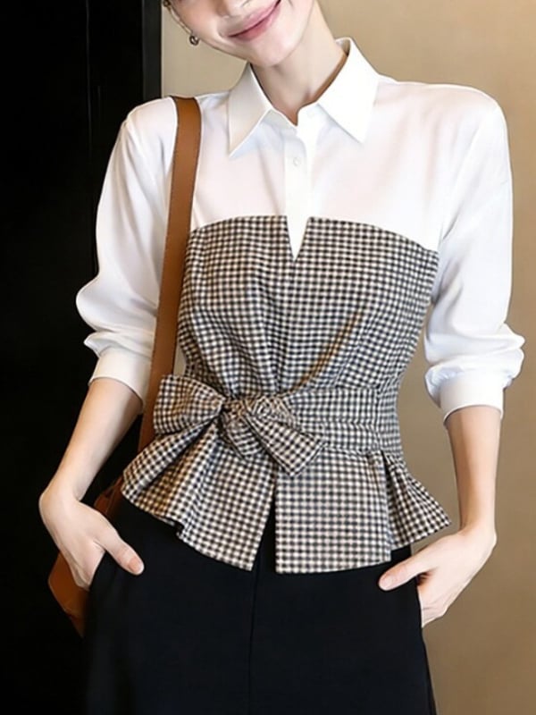 Bluza feminină cu carouri color-block, mâneci lungi, guler rever, cordon talie, Primăvara 2026